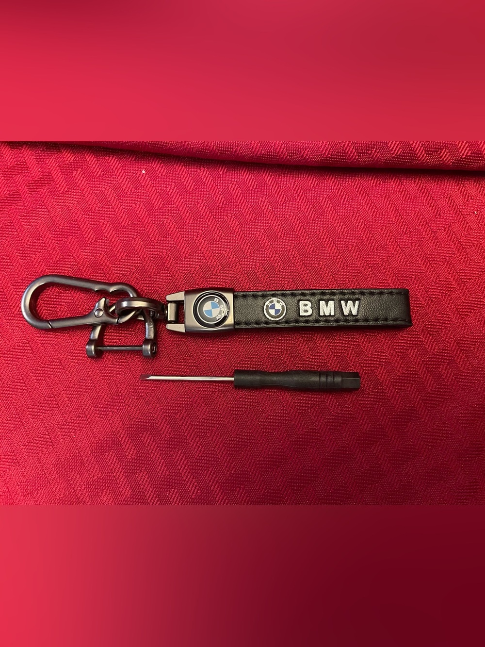BMW Black Leather Strap Keychain with Silver Hardware
